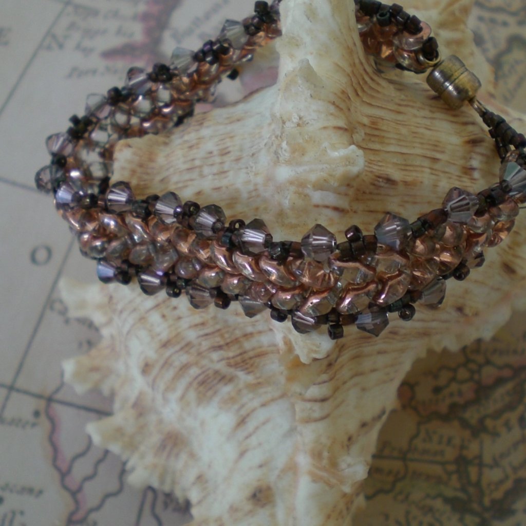 Handbeaded Amber And Copper Iris Superduo/Crystal Bead Bracelet